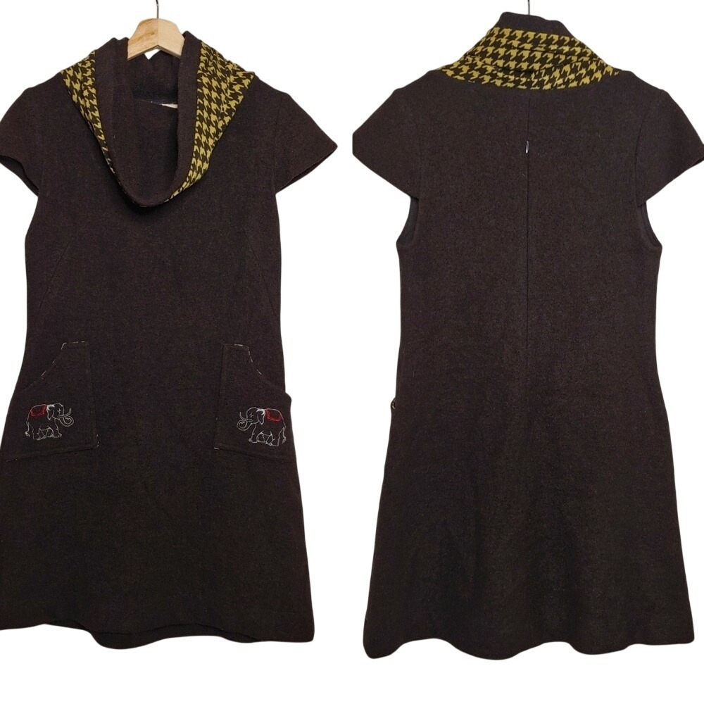 Dagg and Stacey Vintage Sheath Dress Brown Yellow Cowl Neck Sleeve 70s Style Med